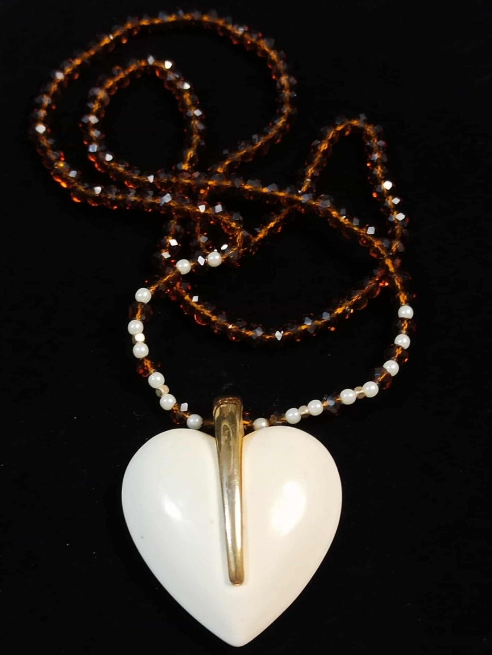 TRIFARI Vintage Oversized Heart Pendant Necklace Lucite Pearl Glass Long Runway